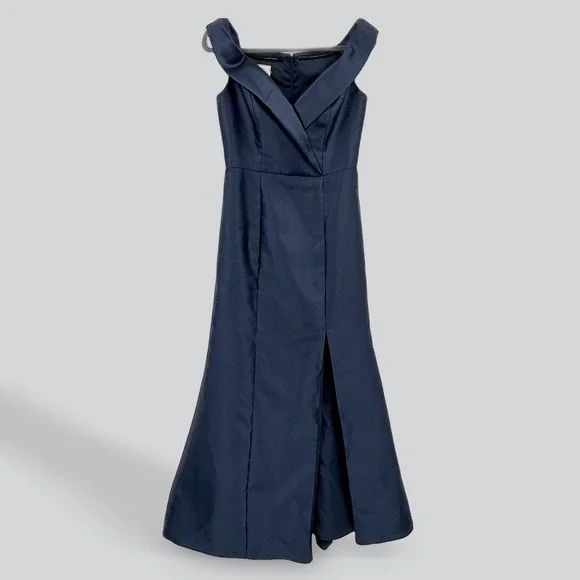 Alfred Sung Navy Midnight Blue Off The Shoulder Satin Gown Size 8 Evening Formal - Picture 2 of 15
